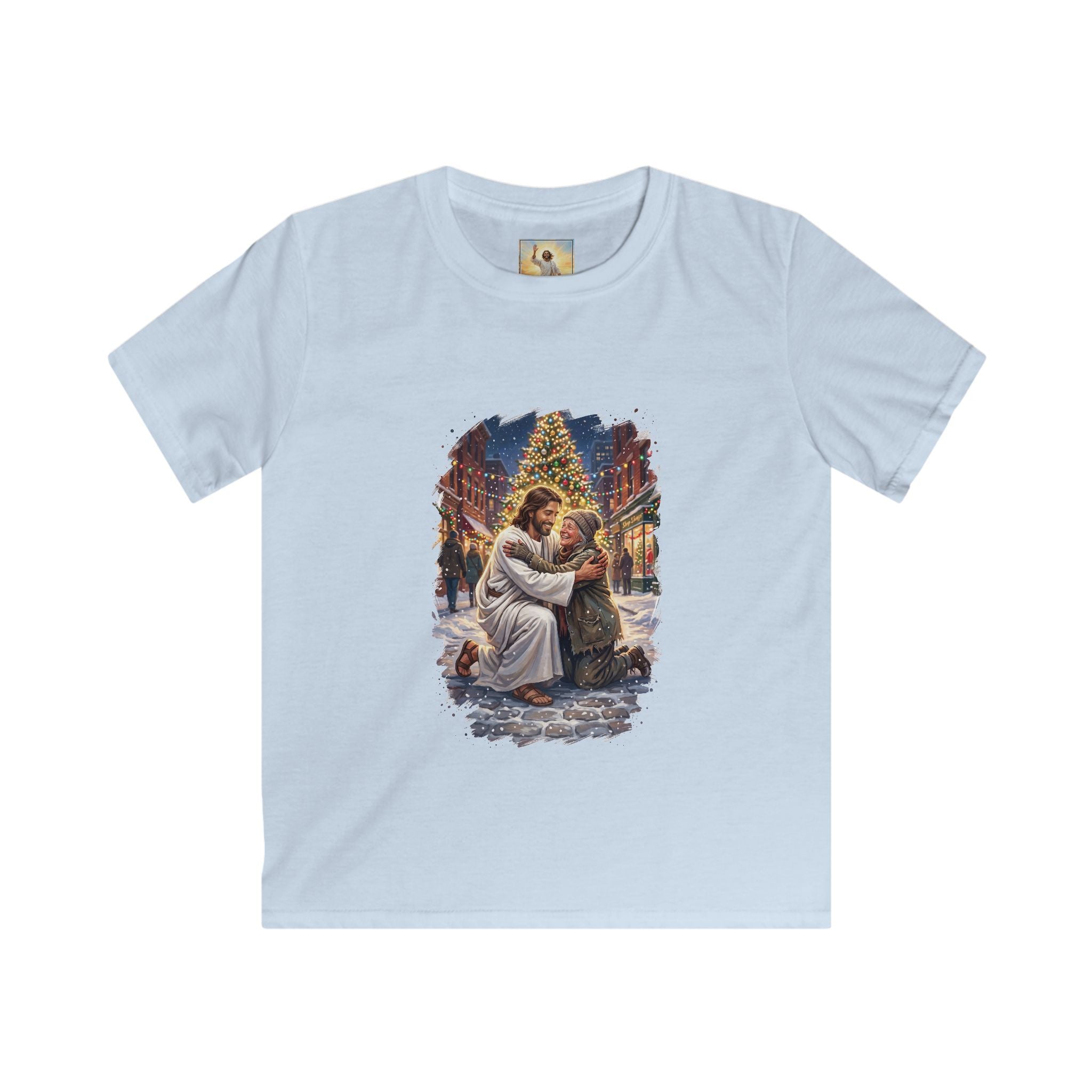 Kids Jesus Hug Shirt | Jesus Embracing a Stranger on Christmas Night Christian Kids T Shirt | Joyful Jesus
