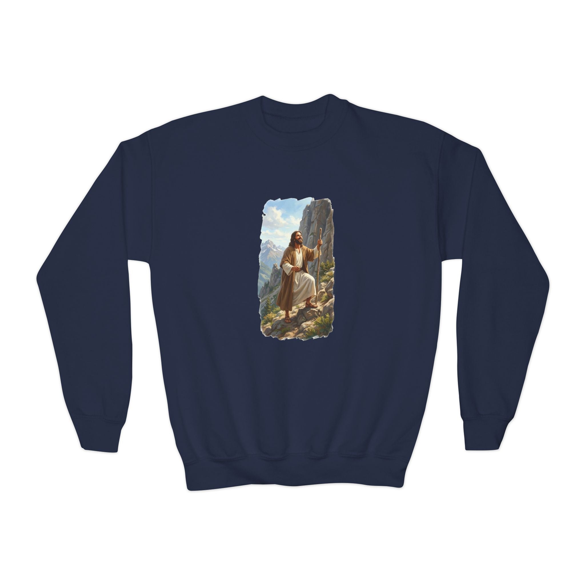 Kids God Sweatshirt | Jesus Hiking Mountain Christian Kids Crewneck Sweatshirt | Faith Apparel