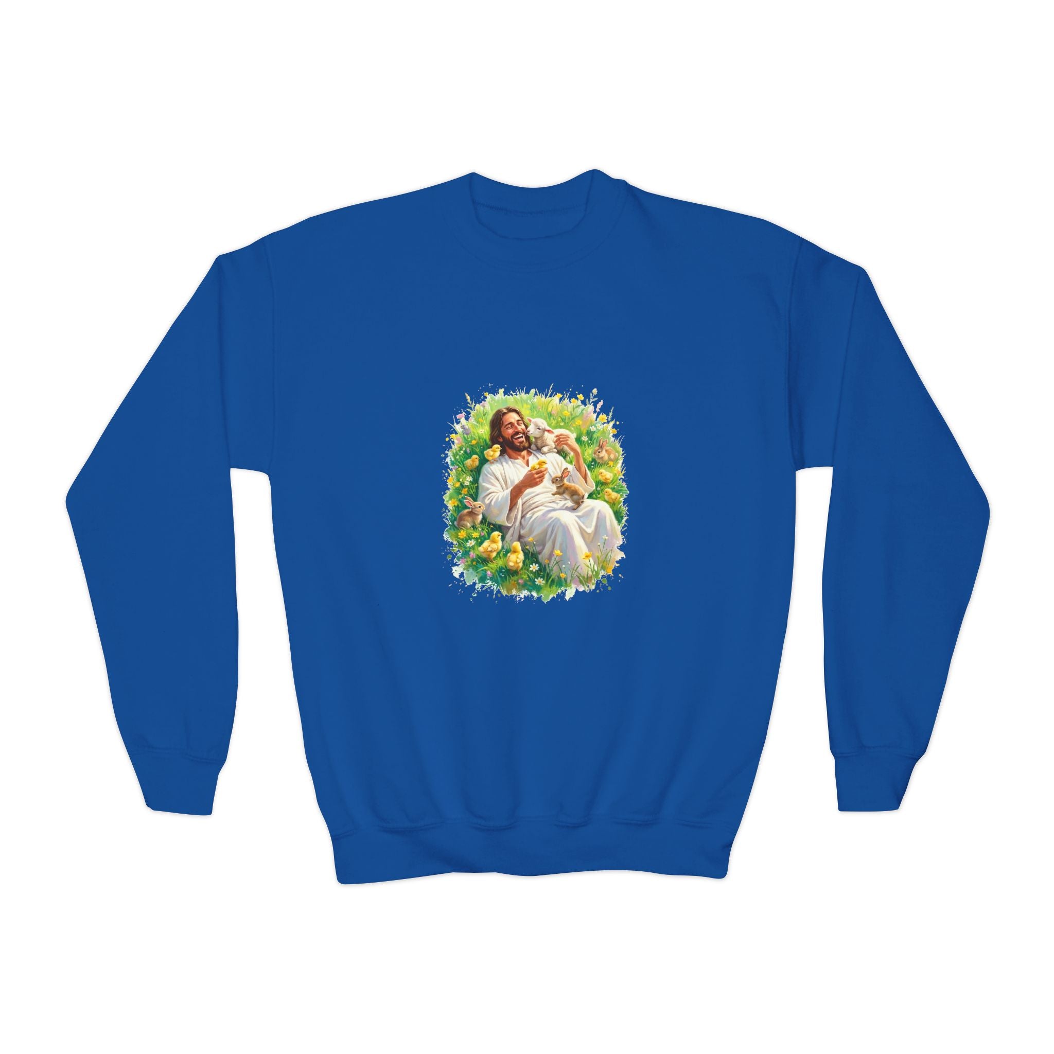 Kids Christian Sweatshirt | Jesus with Baby Animals Faith Kids Crewneck Sweatshirt | Joyful Jesus
