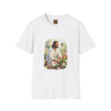 Jesus in the Garden Shirt, Easter Lily Butterfly Art, Christian Spring Tee