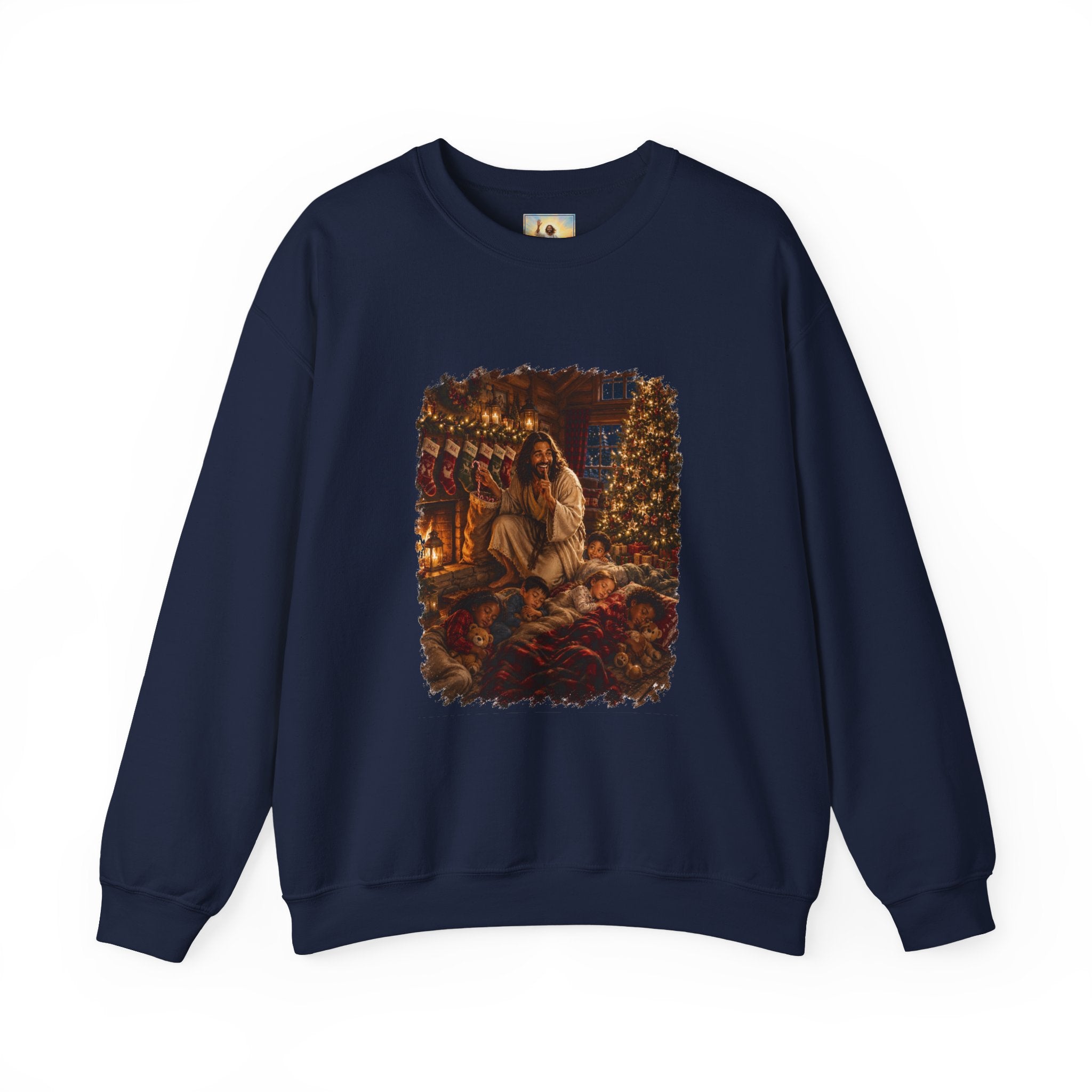 Christmas Eve Jesus Sweatshirt | Jesus by the Fire with Sleeping Children Christian Crewneck | Joyful Jesus