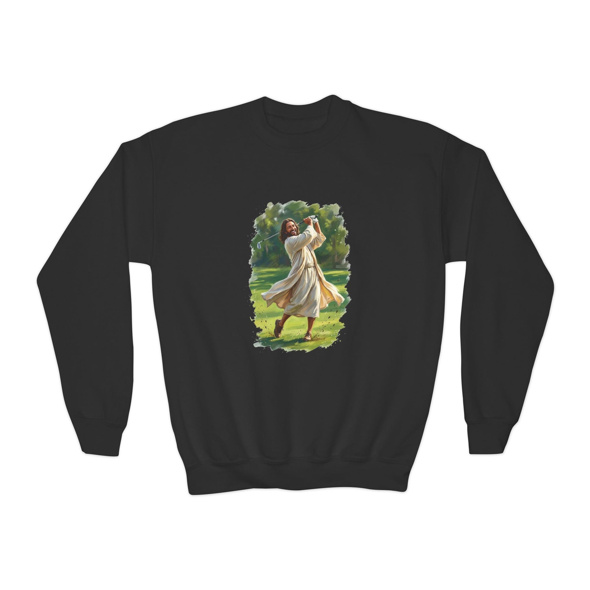 Kids God Sweatshirt | Jesus Playing Golf Christian Kids Crewneck Sweatshirt | Faith Apparel