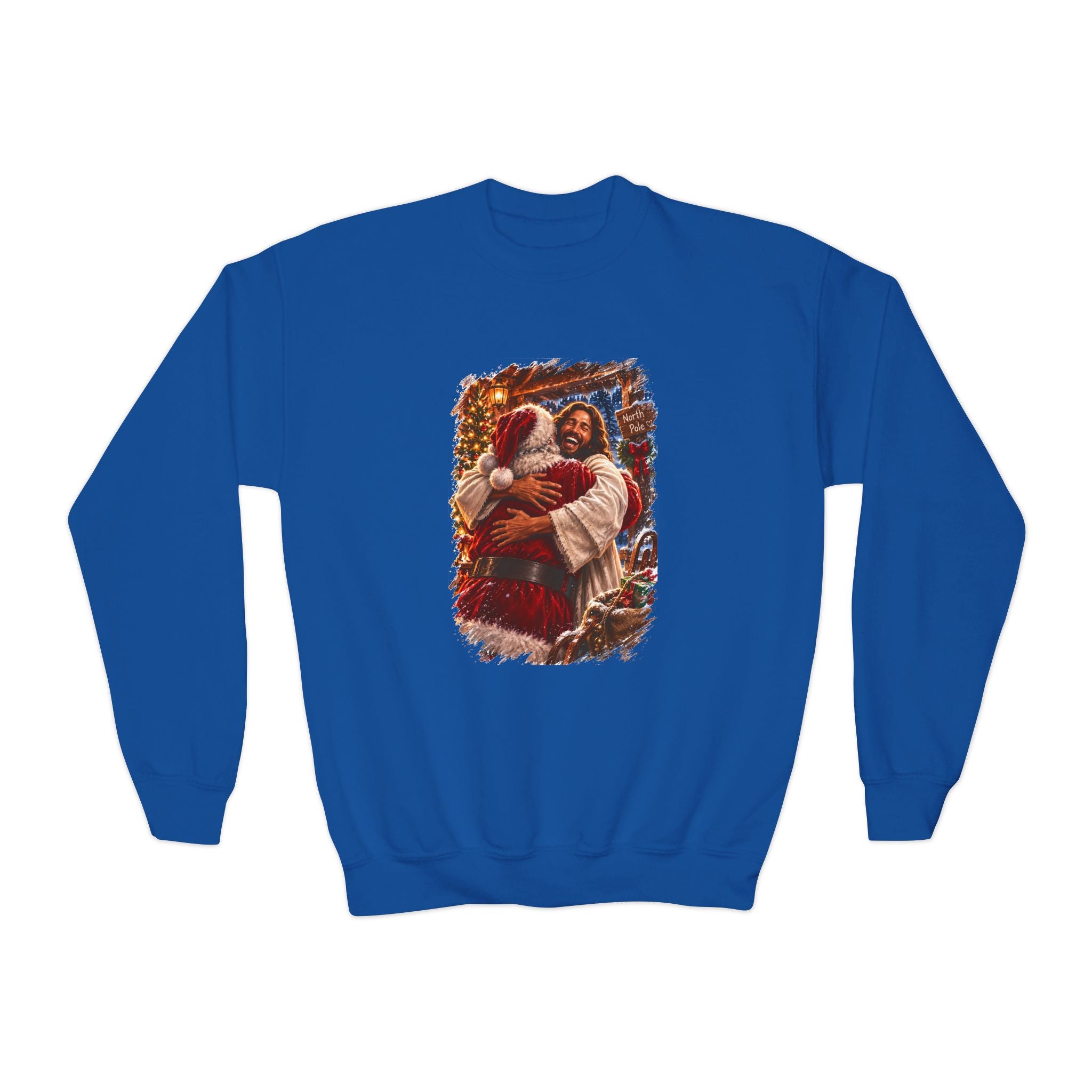Kids Jesus Hugging Santa Sweatshirt | Funny Christian Christmas Kids Crewneck Sweatshirt | Joyful Jesus