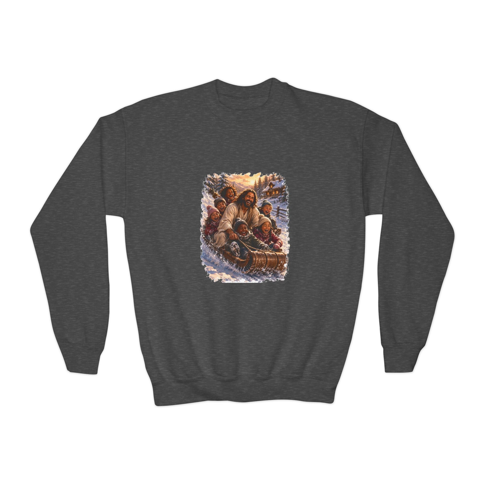 Kids Jesus Christmas Sweatshirt | Sledding with Jesus Christian Christmas Kids Crewneck Sweatshirt | Joyful Jesus