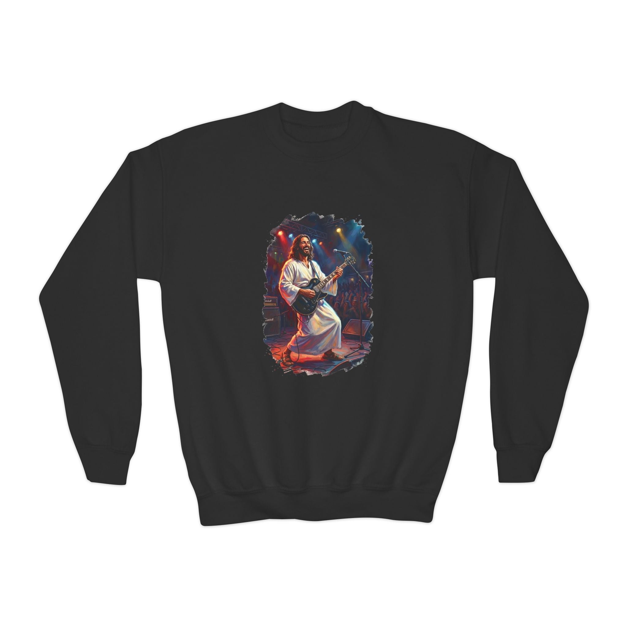 Kids Christian Sweatshirt | Jesus Playing Guitar at Concert Kids Crewneck Sweatshirt | Joyful Jesus Faith Sweatshirt
