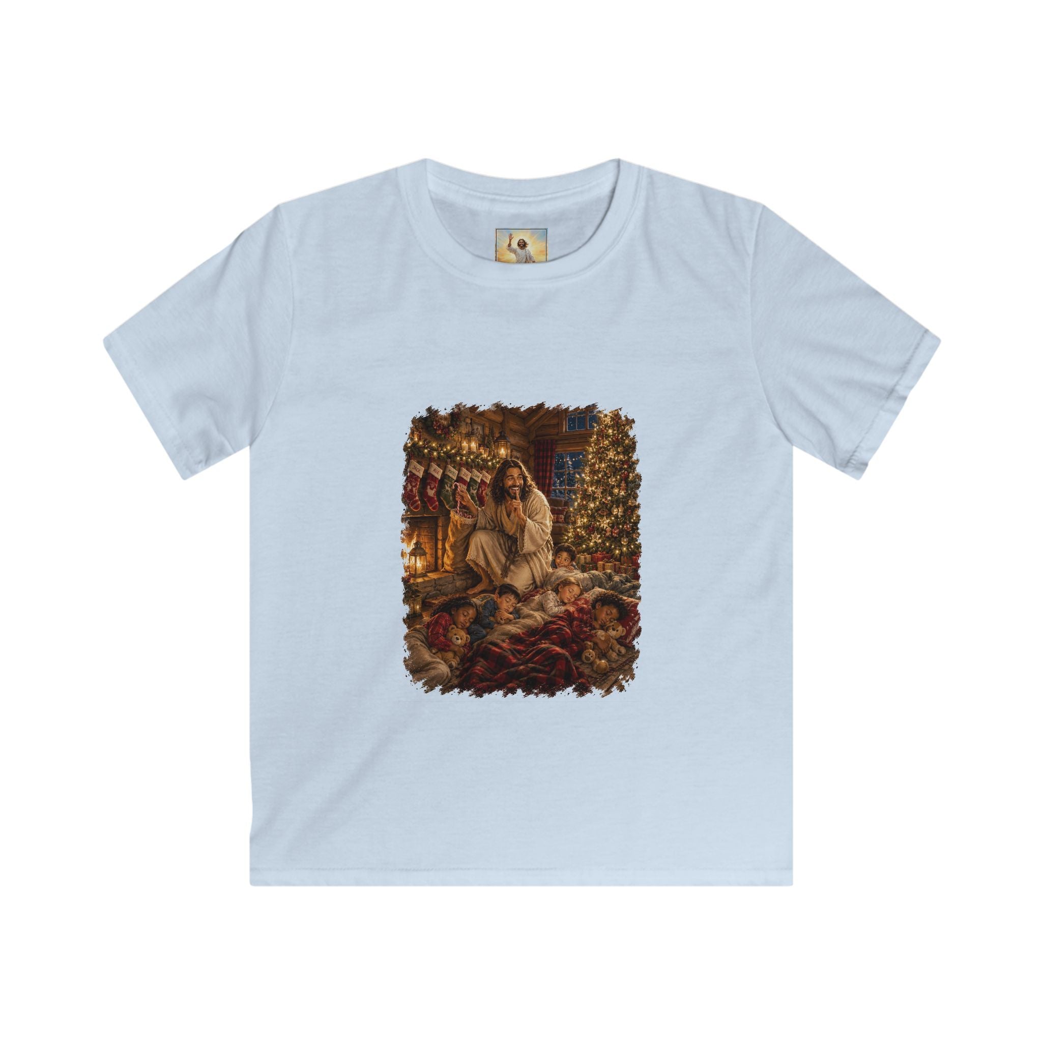 Kids Christmas Eve Jesus Shirt | Jesus by the Fire with Sleeping Children Christian Kids T Shirt | Joyful Jesus