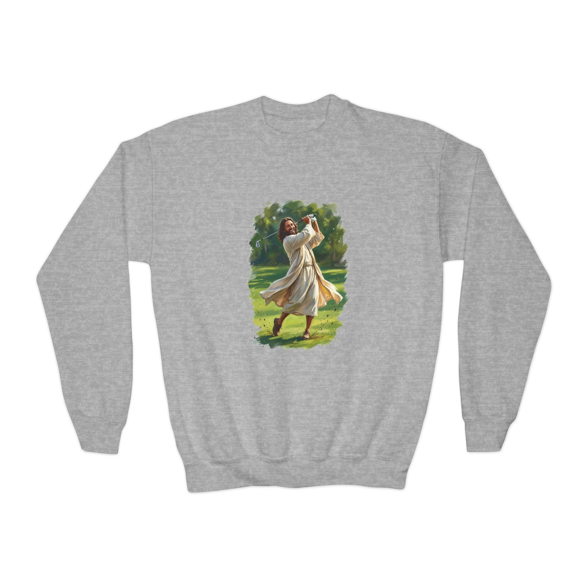 Kids God Sweatshirt | Jesus Playing Golf Christian Kids Crewneck Sweatshirt | Faith Apparel