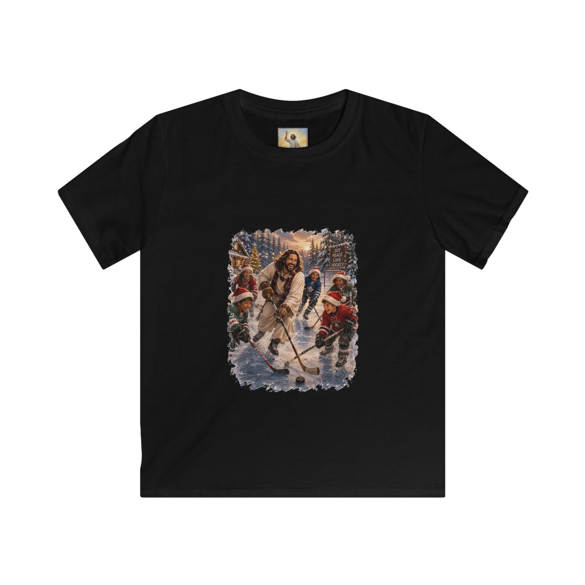 Kids Jesus Hockey Shirt | Jesus Playing Hockey with Kids Christian Christmas Kids T Shirt | Joyful Jesus