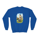 Kids Jesus Sweatshirt | Jesus Mowing the Lawn Funny Kids Crewneck Sweatshirt | Joyful Jesus