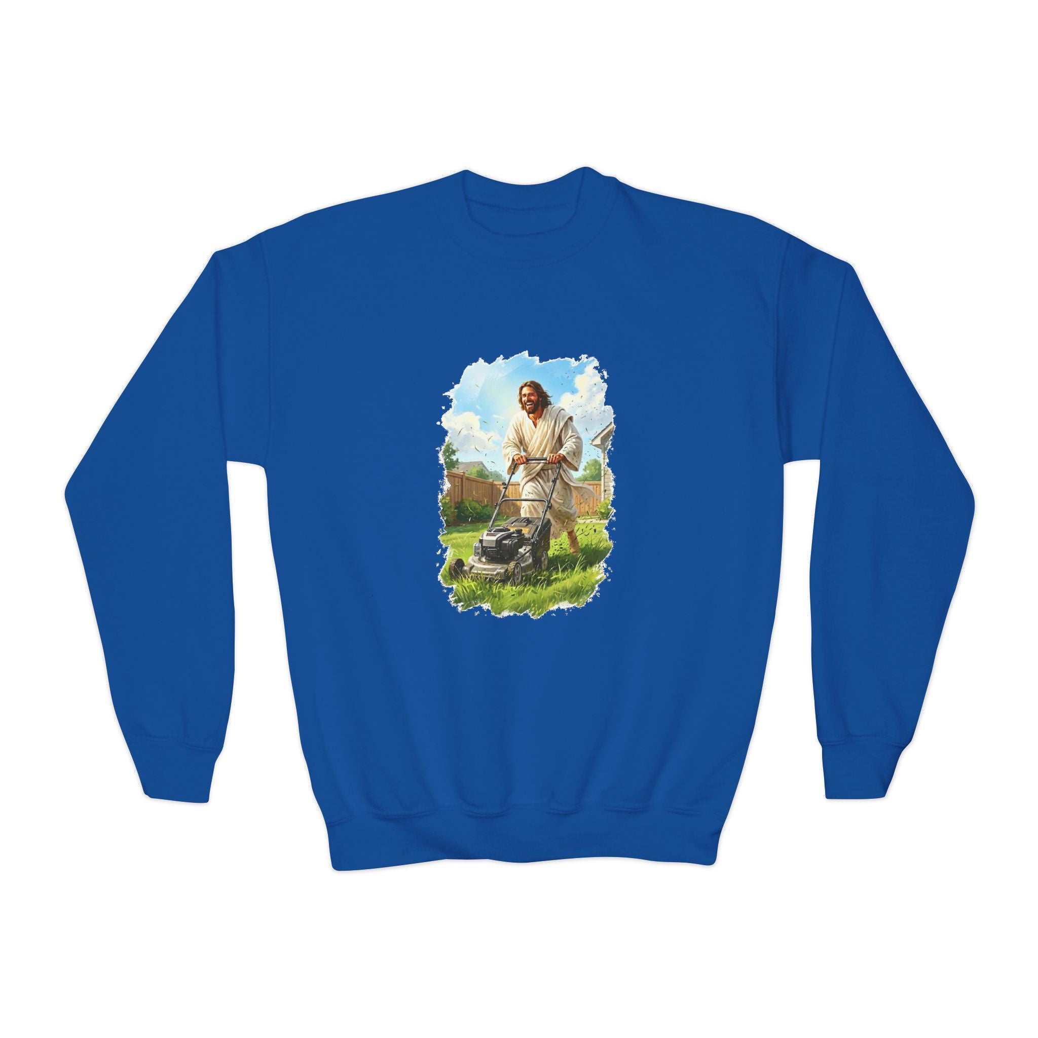 Kids Jesus Sweatshirt | Jesus Mowing the Lawn Funny Kids Crewneck Sweatshirt | Joyful Jesus