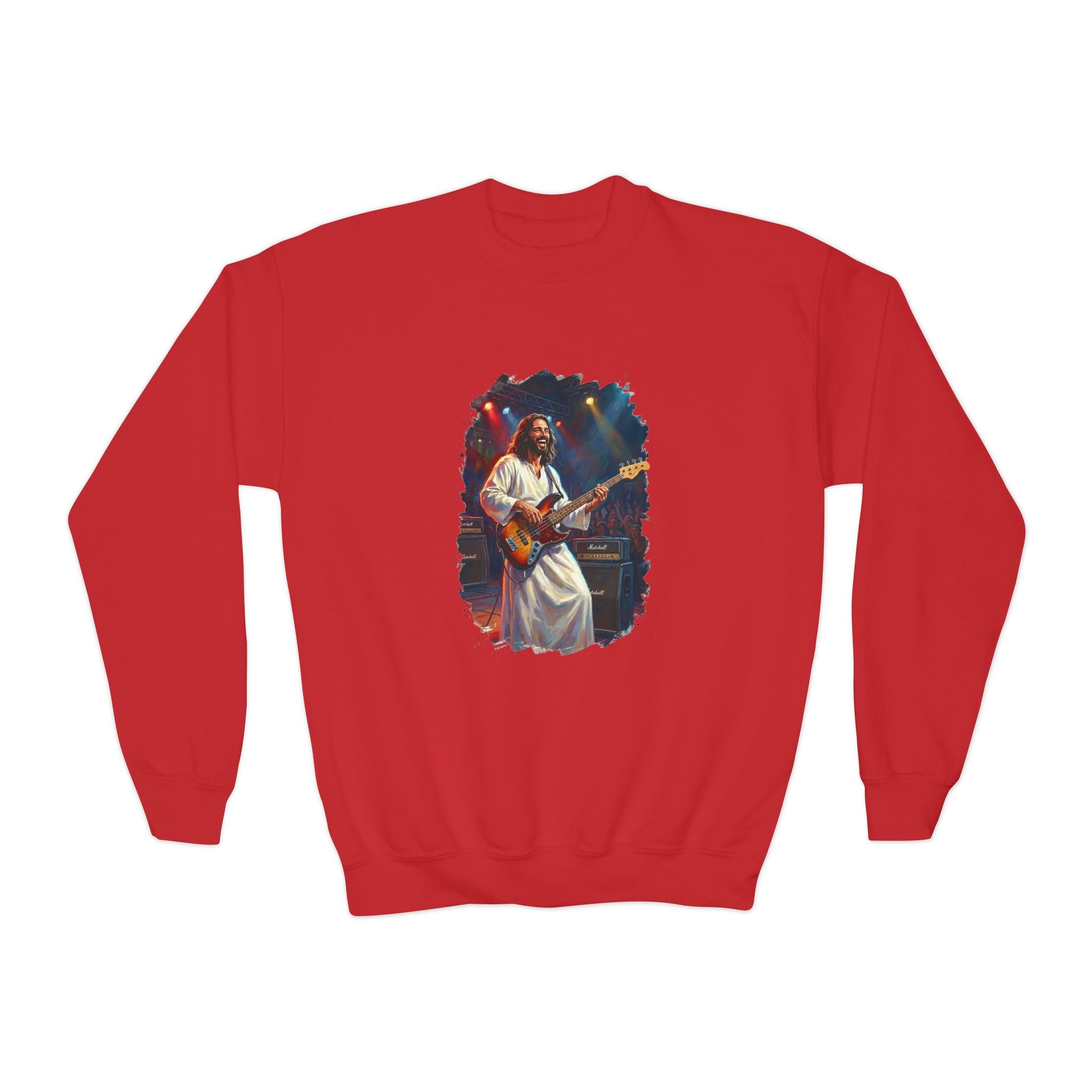 Kids Christian Sweatshirt | Jesus Playing Bass at Concert Kids Crewneck Sweatshirt | Joyful Jesus God Sweatshirt