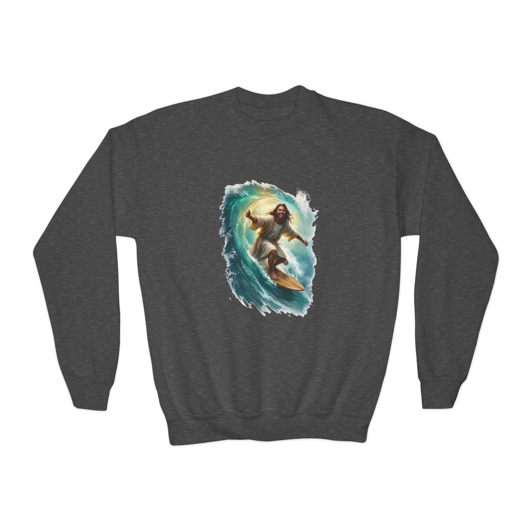 Kids Jesus Sweatshirt | Surfing Jesus Funny Christian Kids Crewneck Sweatshirt | Joyful Jesus