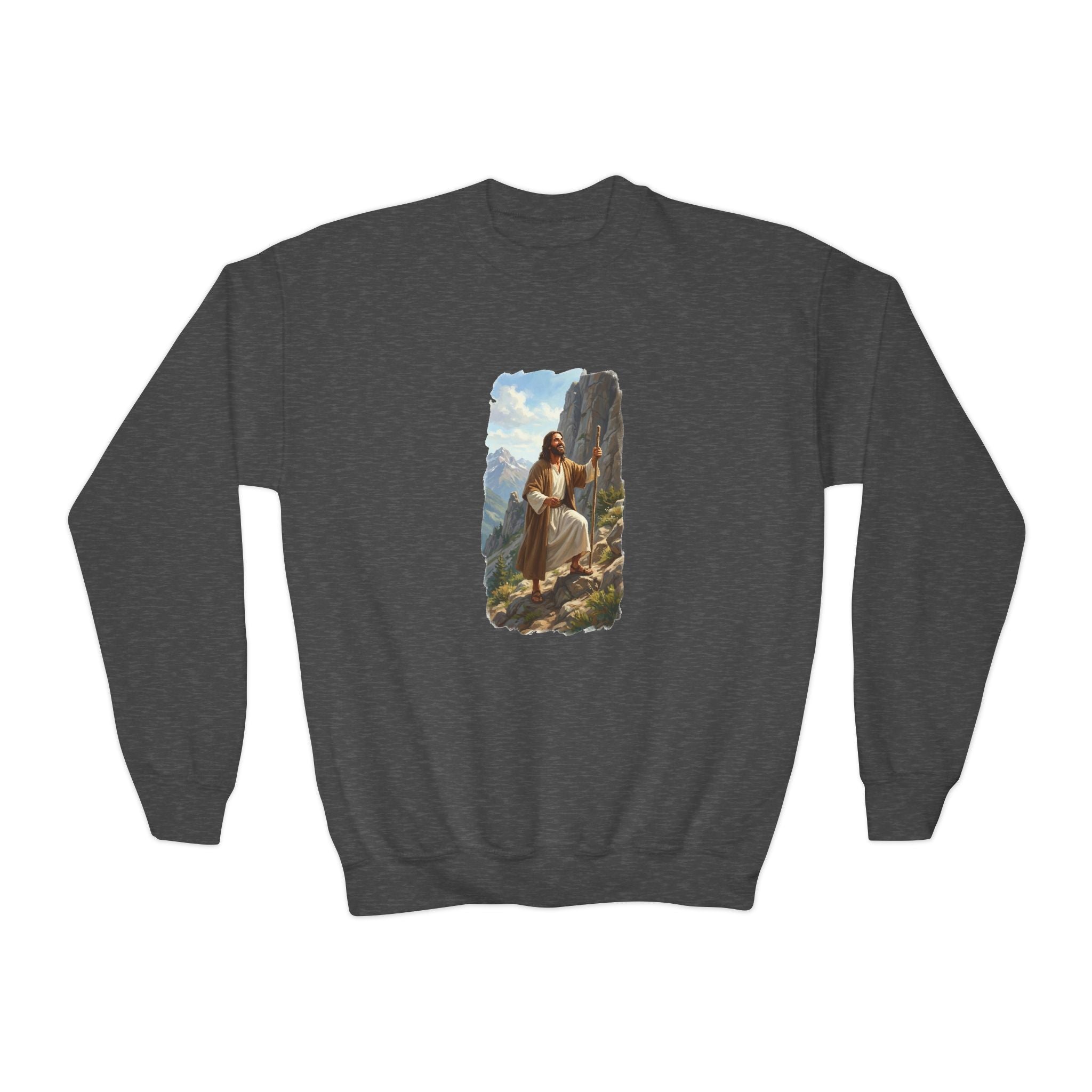 Kids God Sweatshirt | Jesus Hiking Mountain Christian Kids Crewneck Sweatshirt | Faith Apparel