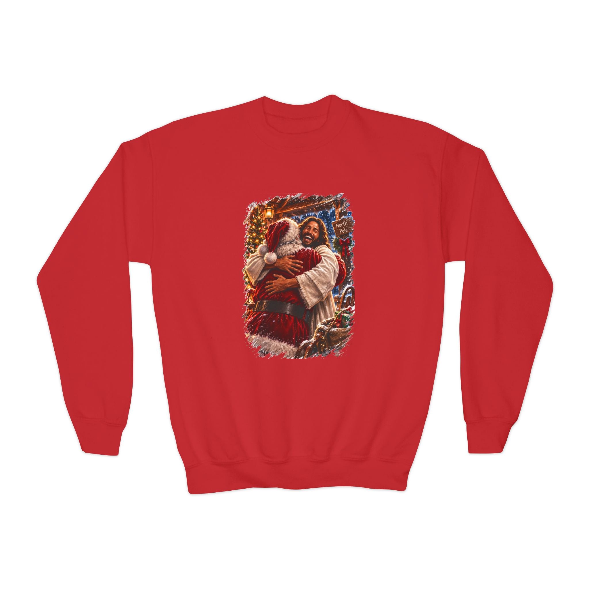 Kids Jesus Hugging Santa Sweatshirt | Funny Christian Christmas Kids Crewneck Sweatshirt | Joyful Jesus