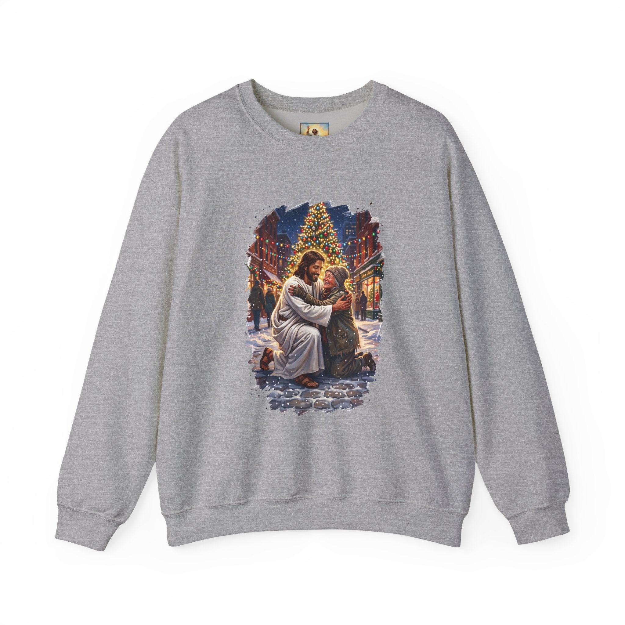 Jesus Hug Sweatshirt | Jesus Embracing a Stranger on Christmas Night Christian Crewneck | Joyful Jesus