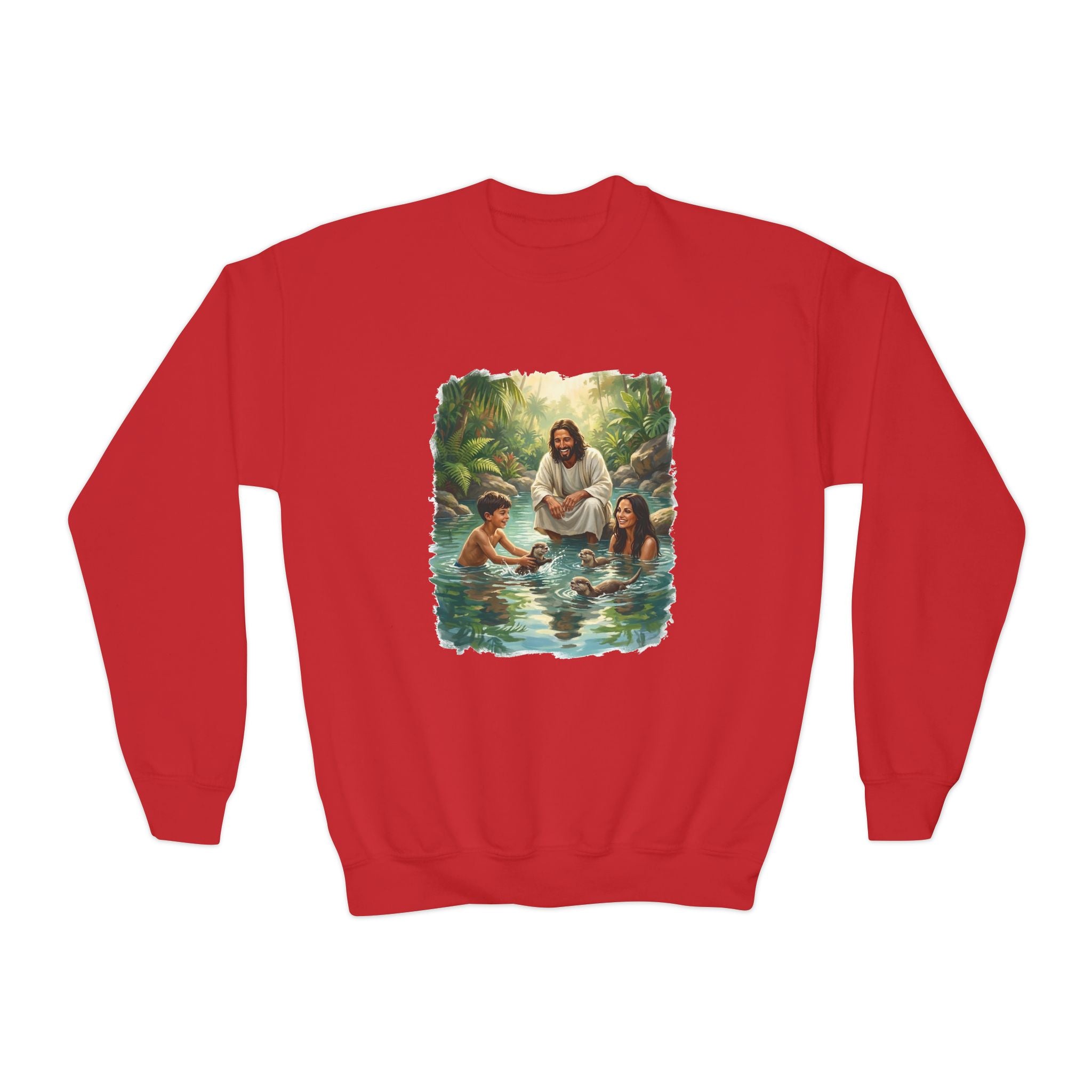 Kids Christian Sweatshirt | Jesus with Baby Otters Funny Christian Kids Crewneck Sweatshirt | Joyful Jesus
