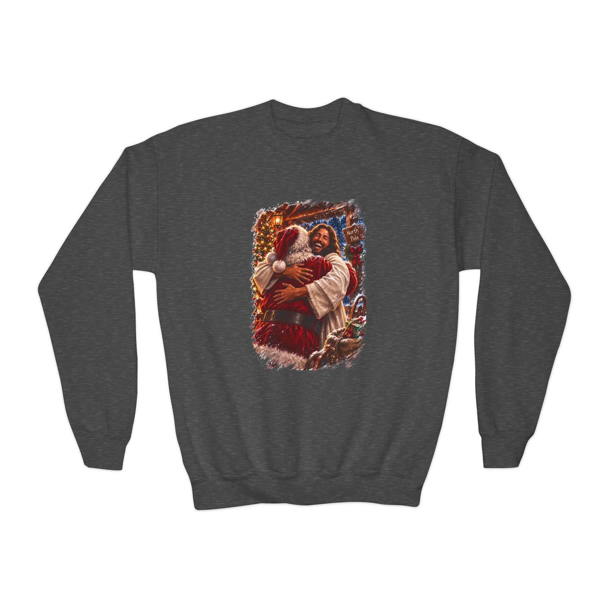 Kids Jesus Hugging Santa Sweatshirt | Funny Christian Christmas Kids Crewneck Sweatshirt | Joyful Jesus