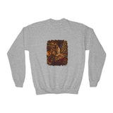 Kids Christmas Eve Jesus Sweatshirt | Jesus by the Fire with Sleeping Children Christian Kids Crewneck Sweatshirt | Joyful Jesus