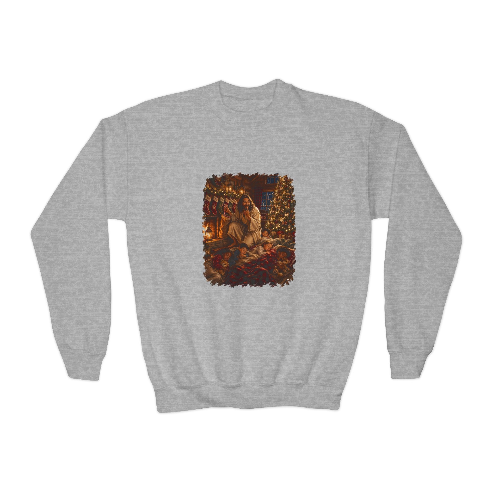 Kids Christmas Eve Jesus Sweatshirt | Jesus by the Fire with Sleeping Children Christian Kids Crewneck Sweatshirt | Joyful Jesus