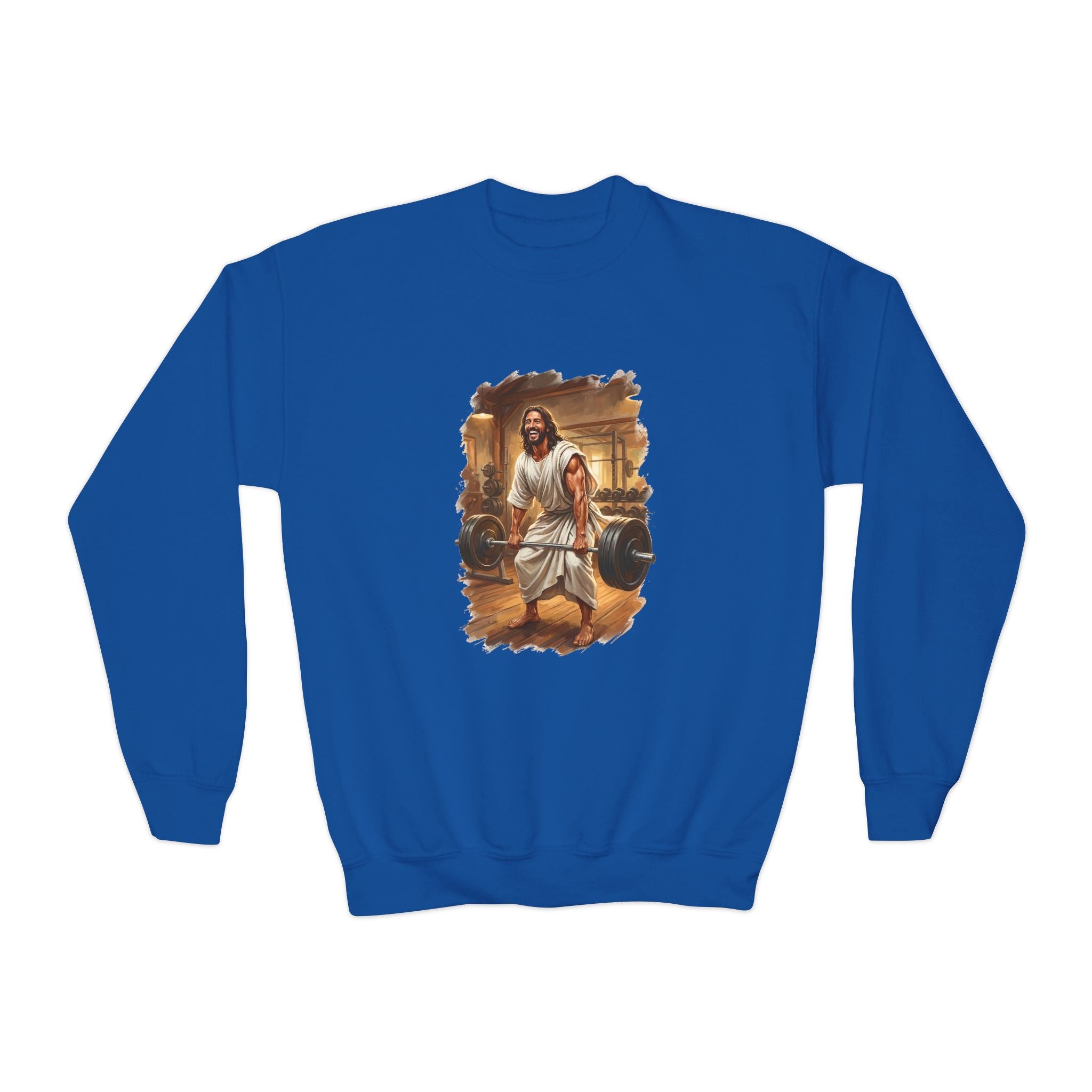 Kids Funny Jesus Sweatshirt | Jesus Lifting Weights Christian Kids Crewneck Sweatshirt | Faith Apparel