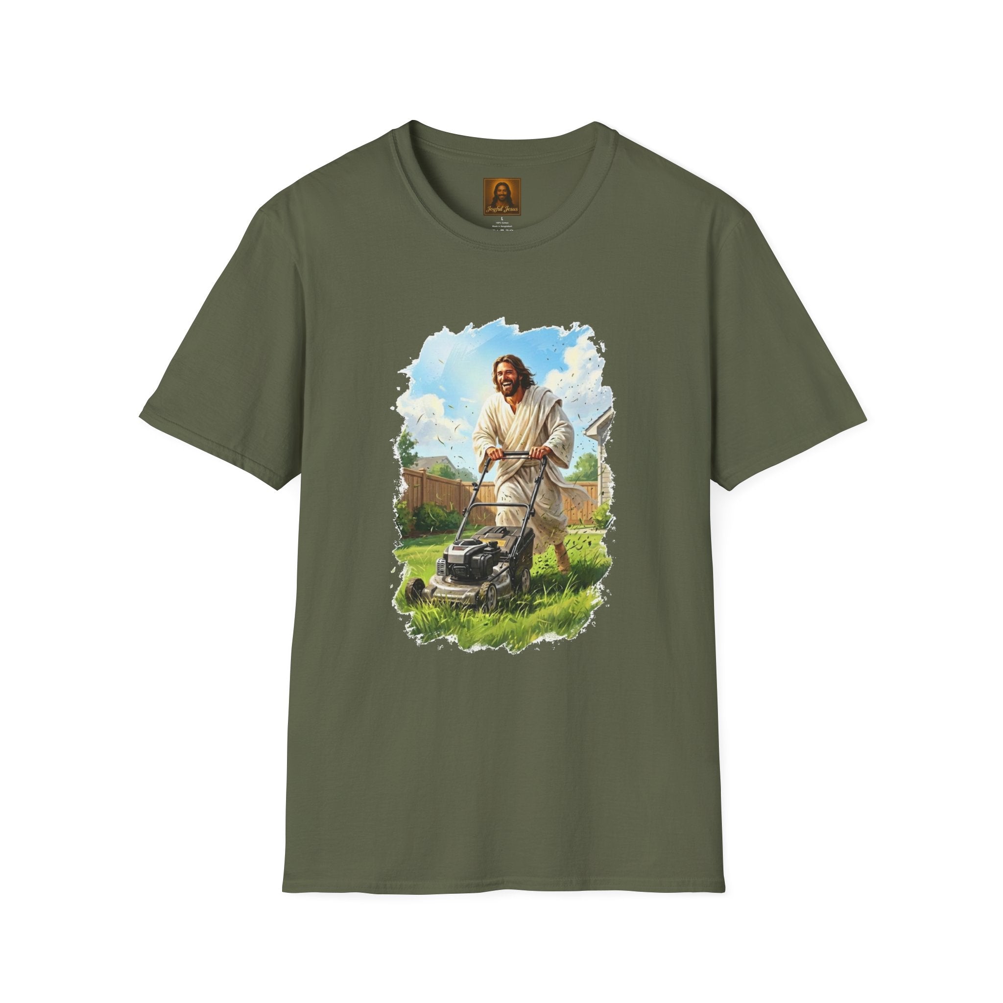 Jesus Mowing Lawn T-Shirt | Jesus with Lawn Mower, Religious Humorous Tee