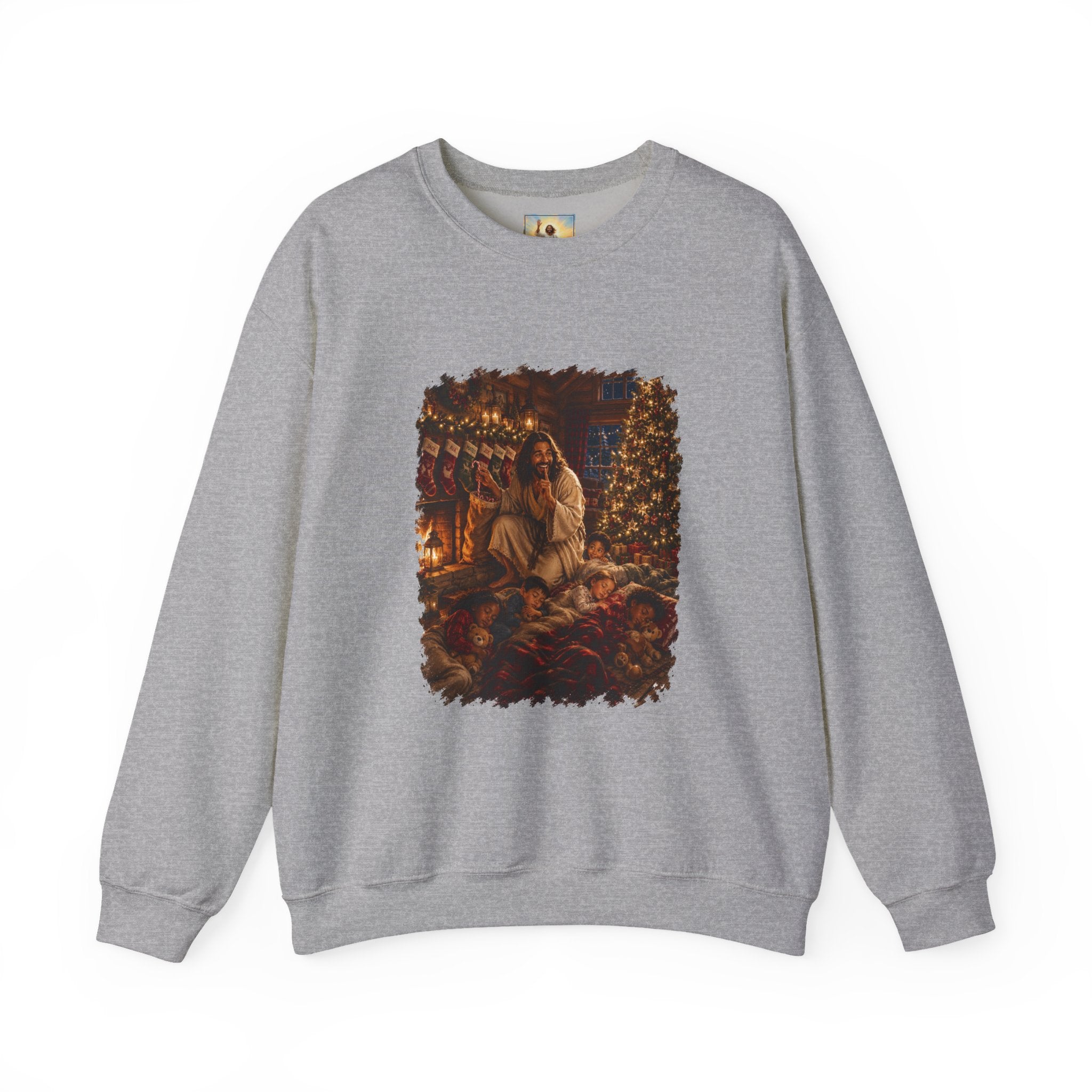 Christmas Eve Jesus Sweatshirt | Jesus by the Fire with Sleeping Children Christian Crewneck | Joyful Jesus