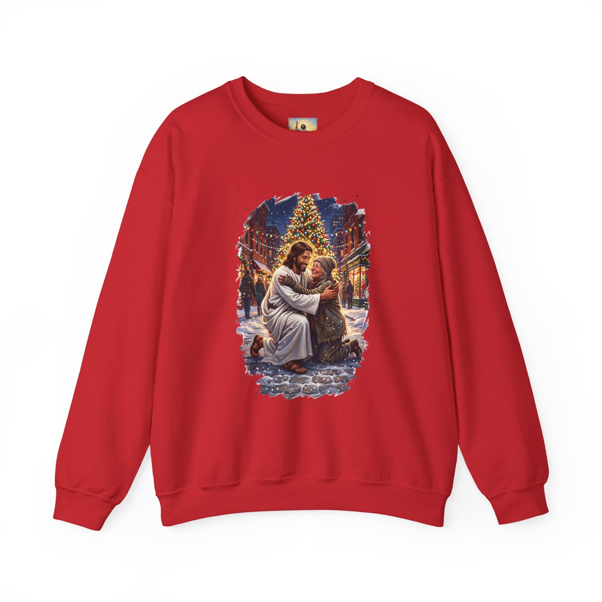 Jesus Hug Sweatshirt | Jesus Embracing a Stranger on Christmas Night Christian Crewneck | Joyful Jesus