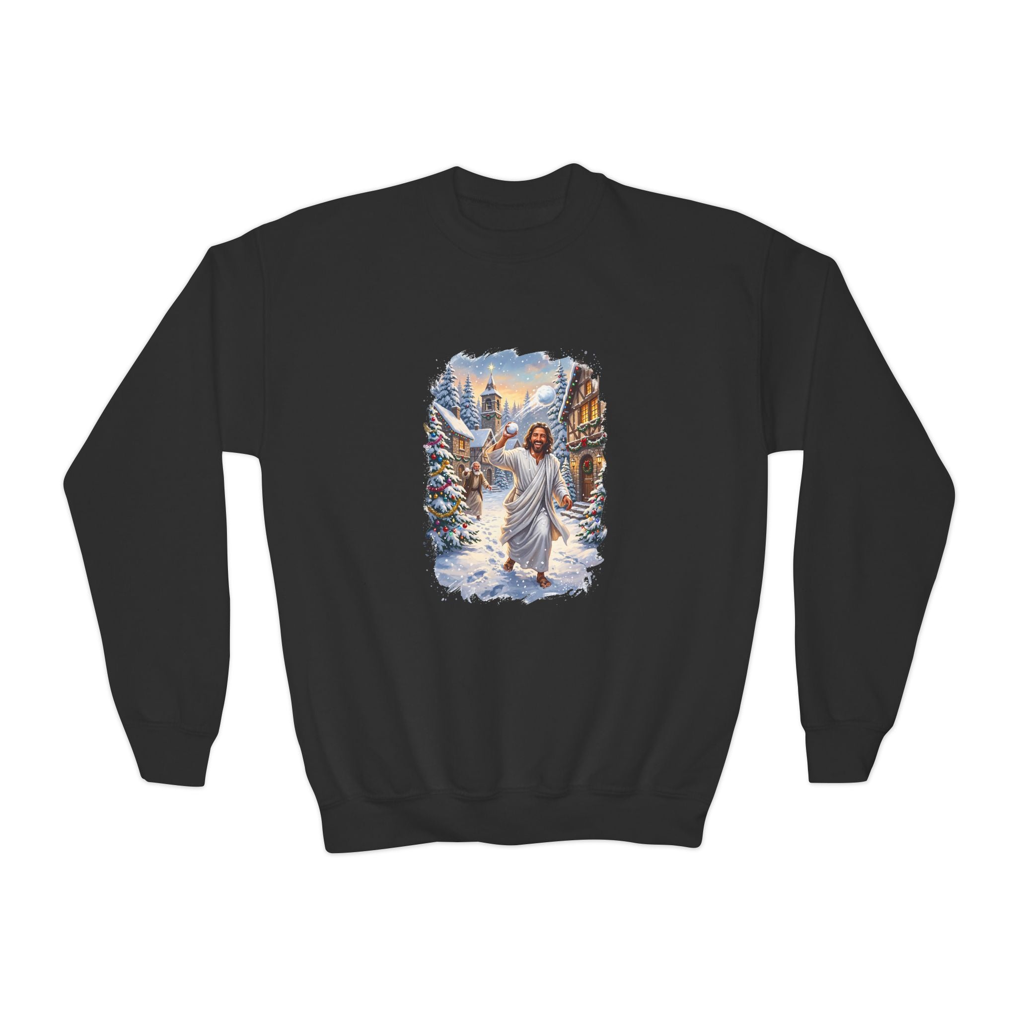 Kids Jesus Snowball Fight Sweatshirt | Funny Christian Christmas Kids Crewneck Sweatshirt | Joyful Jesus