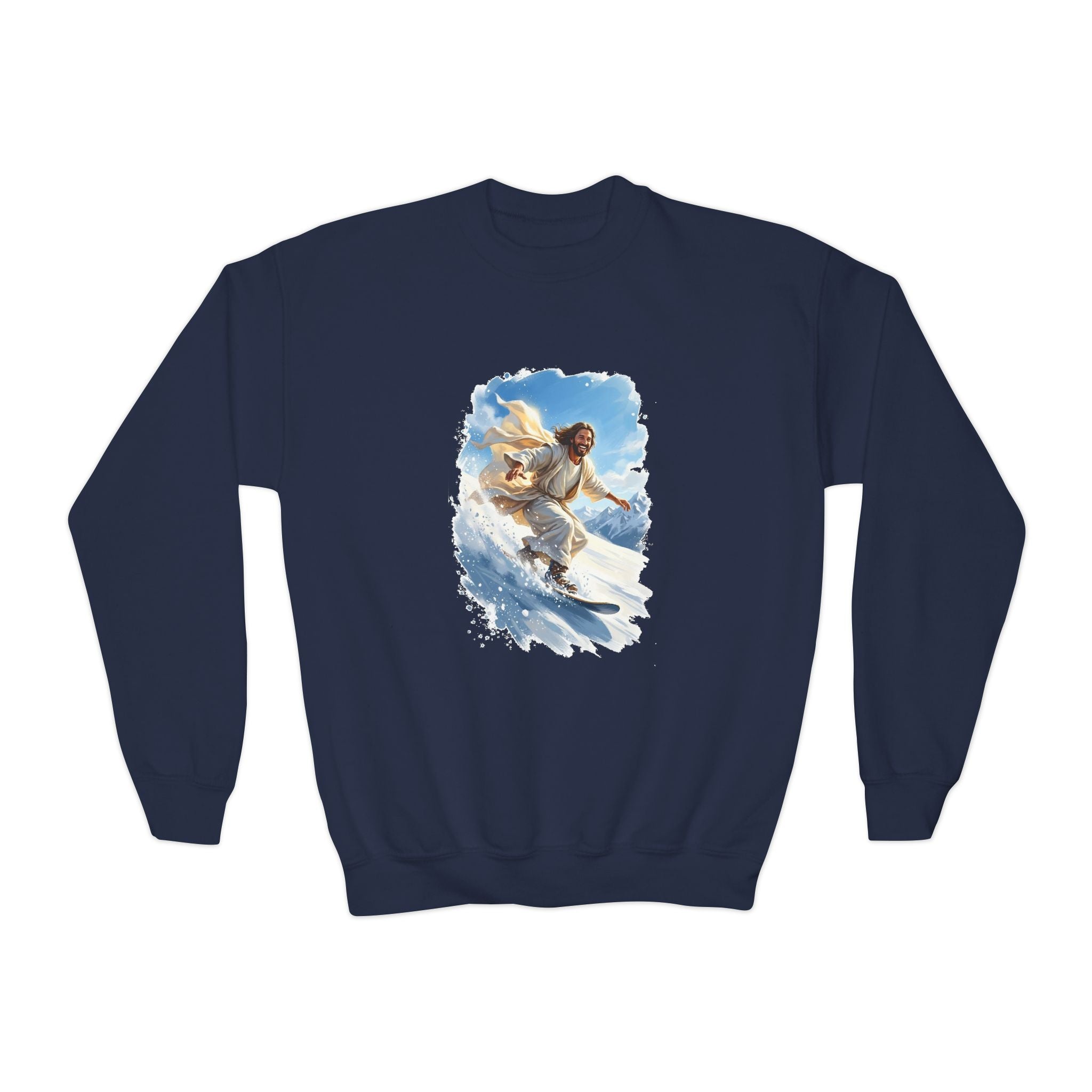 Kids God Sweatshirt | Jesus Snowboarding Christian Kids Crewneck Sweatshirt | Joyful Jesus Faith Apparel