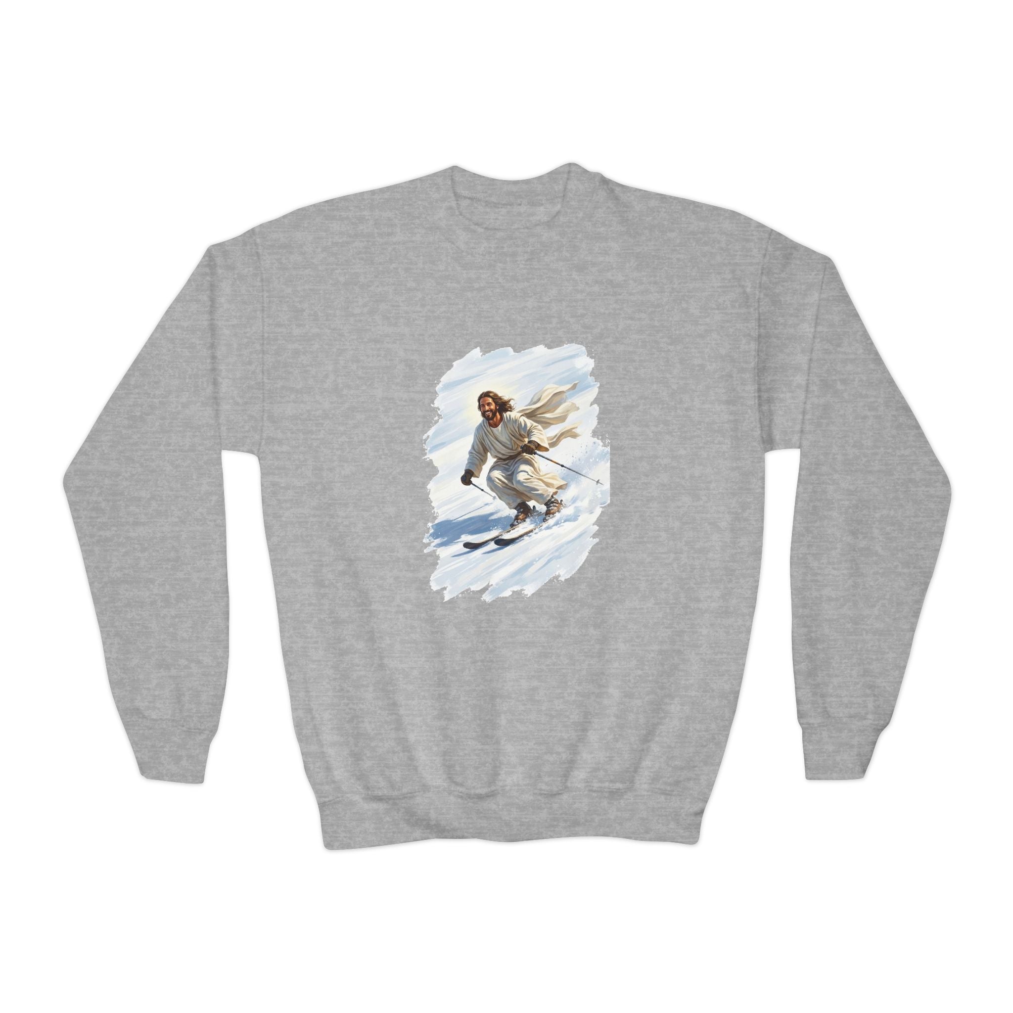 Kids Jesus Sweatshirt | Skiing Jesus Christian Apparel Kids Crewneck Sweatshirt | Joyful Jesus Faith Sweatshirt