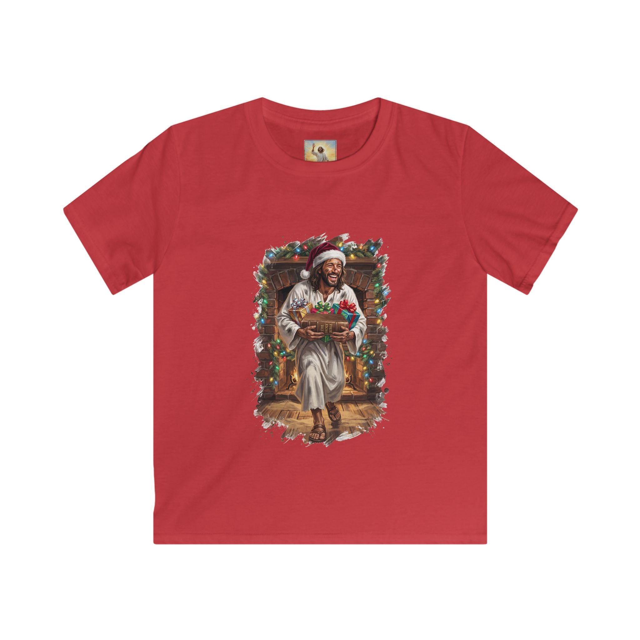 Kids Jesus Santa Hat Shirt | Jesus Down the Chimney with Gifts Funny Christmas Kids T Shirt | Joyful Jesus