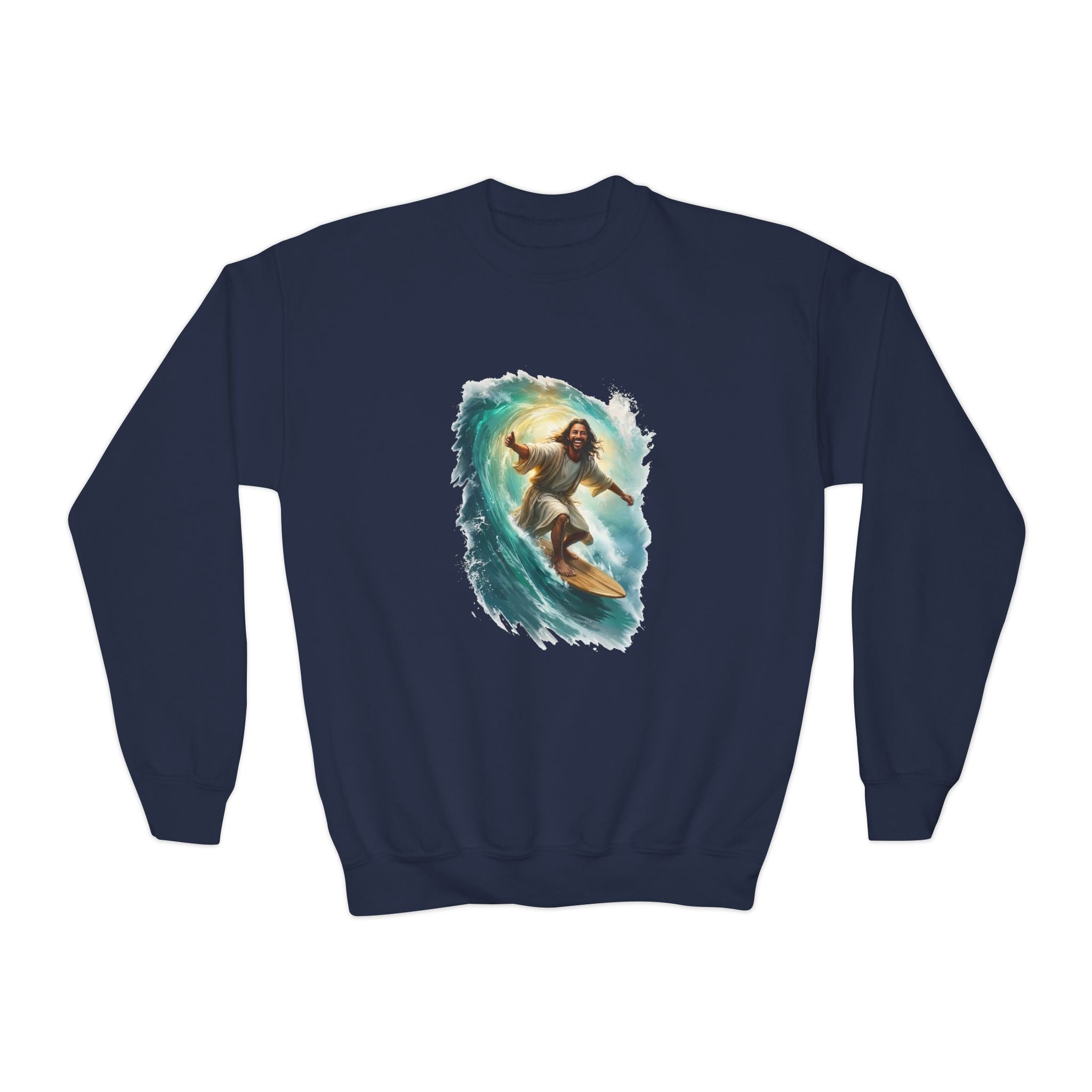 Kids Jesus Sweatshirt | Surfing Jesus Funny Christian Kids Crewneck Sweatshirt | Joyful Jesus