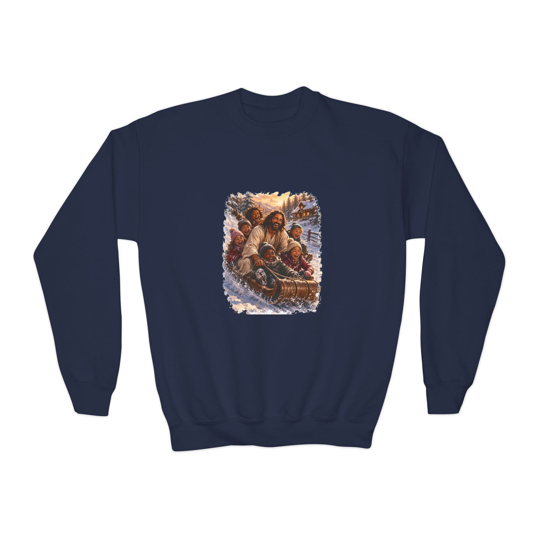 Kids Jesus Christmas Sweatshirt | Sledding with Jesus Christian Christmas Kids Crewneck Sweatshirt | Joyful Jesus
