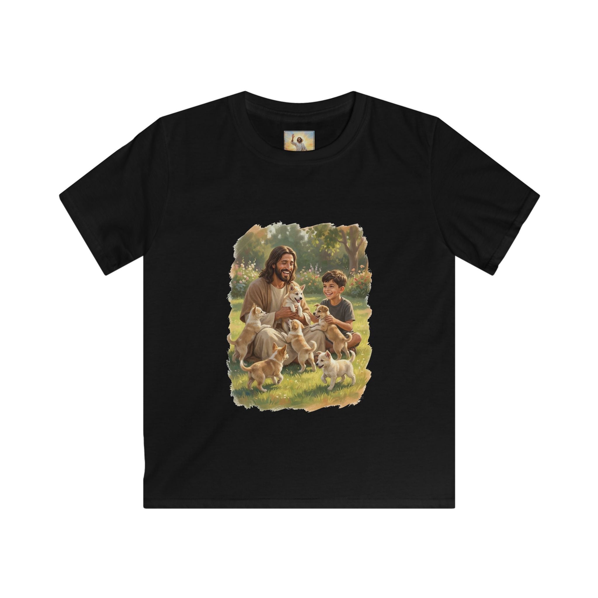 Kids Funny Jesus Shirt | Jesus Playing with Puppies Christian Kids T Shirt | Joyful Jesus