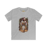 Kids Jesus Santa Hat Shirt | Jesus Down the Chimney with Gifts Funny Christmas Kids T Shirt | Joyful Jesus