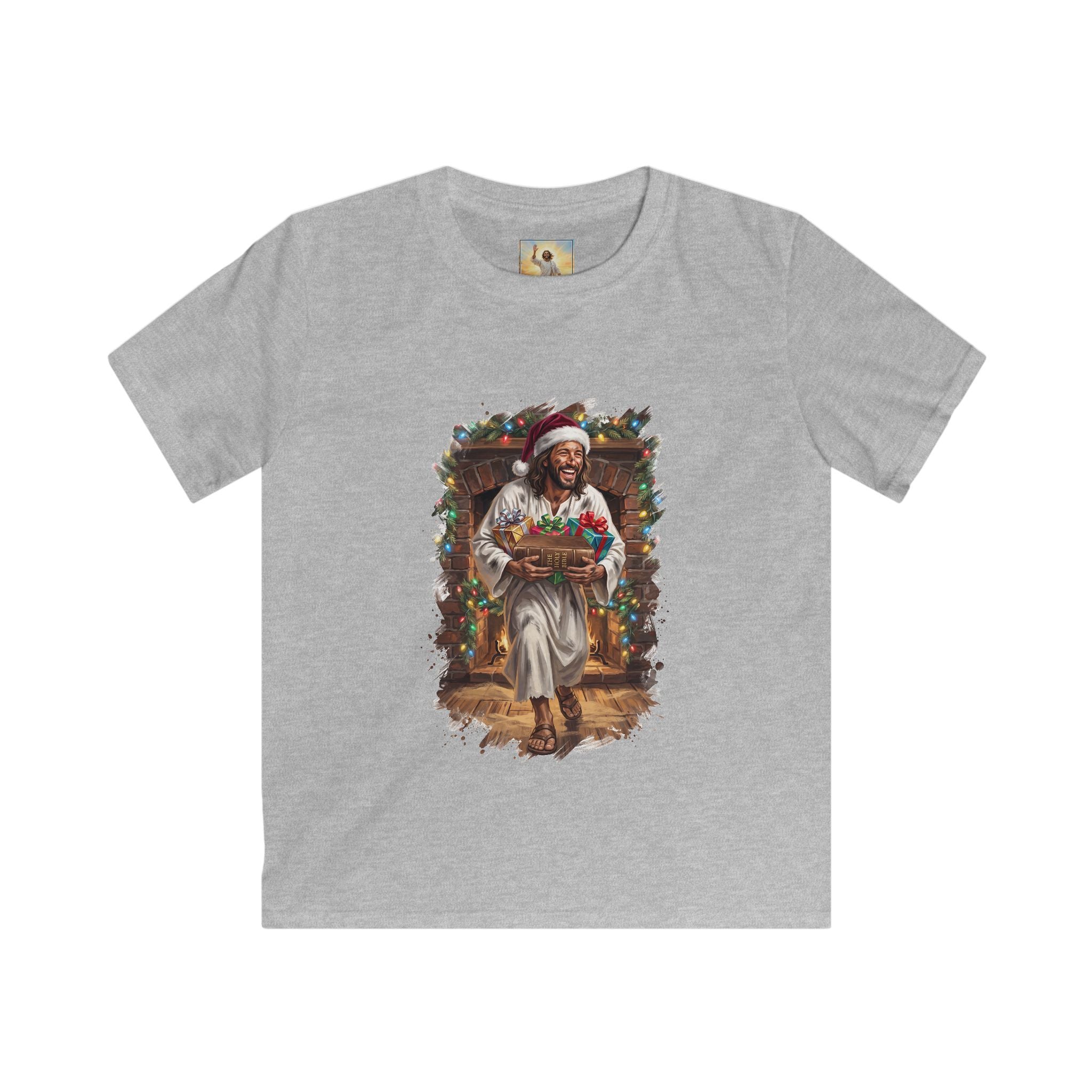 Kids Jesus Santa Hat Shirt | Jesus Down the Chimney with Gifts Funny Christmas Kids T Shirt | Joyful Jesus