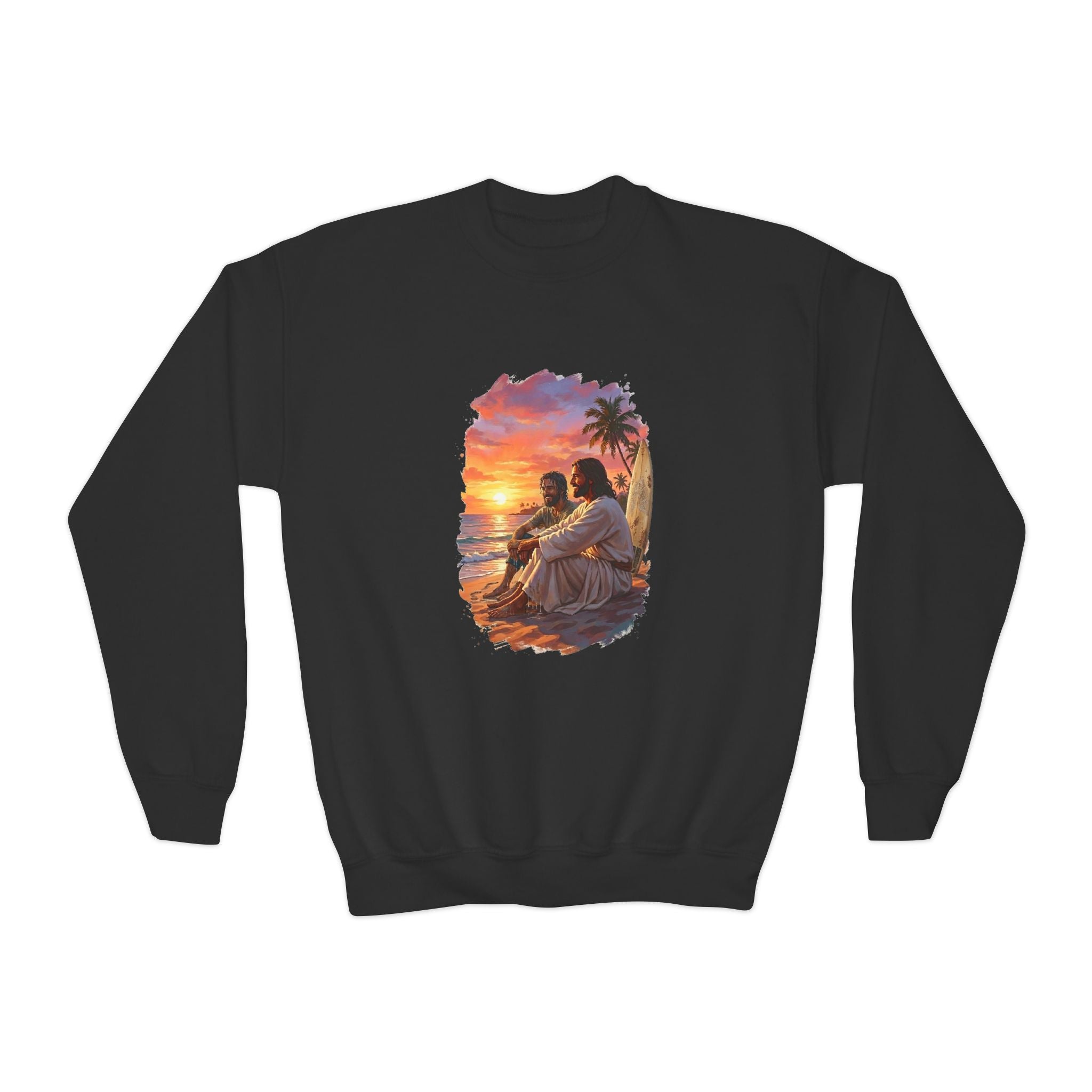Kids Jesus Sweatshirt | Jesus on the Beach Christian Apparel Kids Crewneck Sweatshirt | Joyful Jesus Faith Sweatshirt