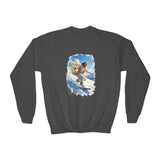 Kids God Sweatshirt | Jesus Snowboarding Christian Kids Crewneck Sweatshirt | Joyful Jesus Faith Apparel