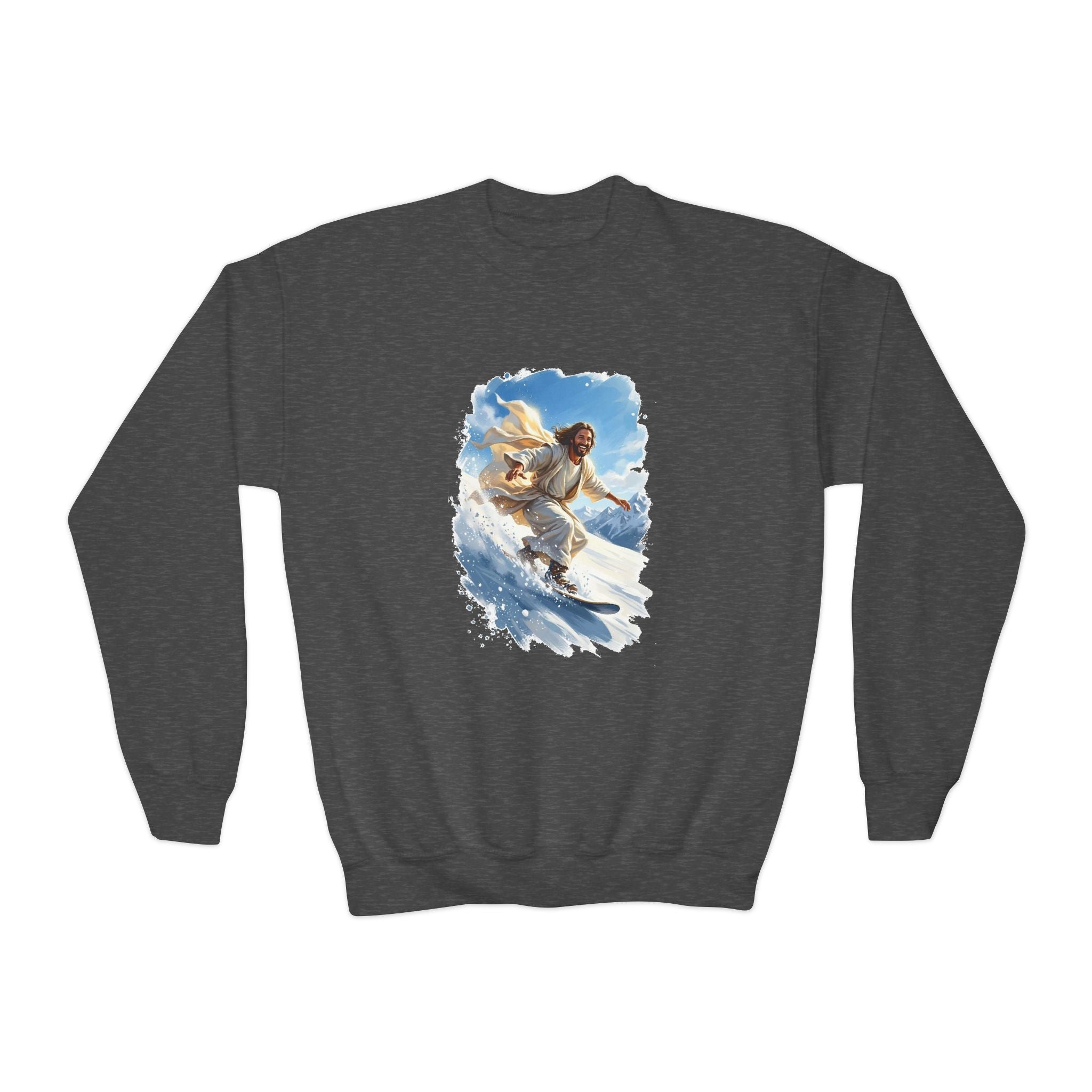 Kids God Sweatshirt | Jesus Snowboarding Christian Kids Crewneck Sweatshirt | Joyful Jesus Faith Apparel