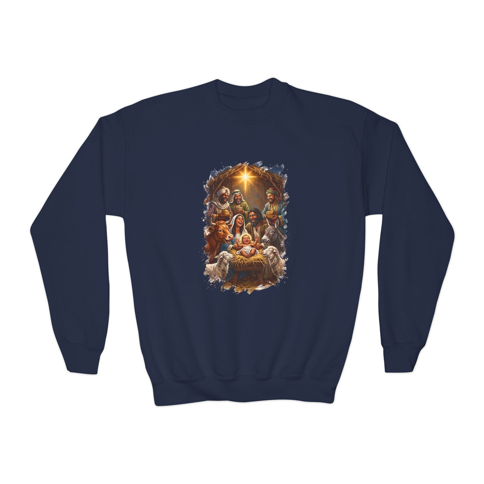 Kids Nativity Sweatshirt | Joyful Nativity Scene with Wise Men Christian Christmas Kids Crewneck Sweatshirt | Joyful Jesus