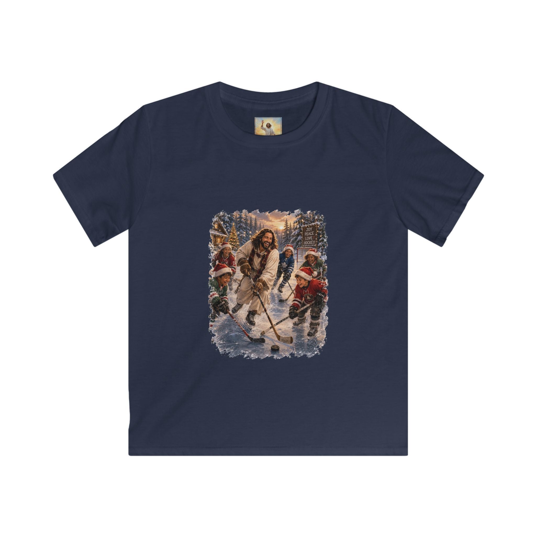 Kids Jesus Hockey Shirt | Jesus Playing Hockey with Kids Christian Christmas Kids T Shirt | Joyful Jesus