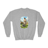 Kids Jesus Sweatshirt | Jesus Mowing the Lawn Funny Kids Crewneck Sweatshirt | Joyful Jesus
