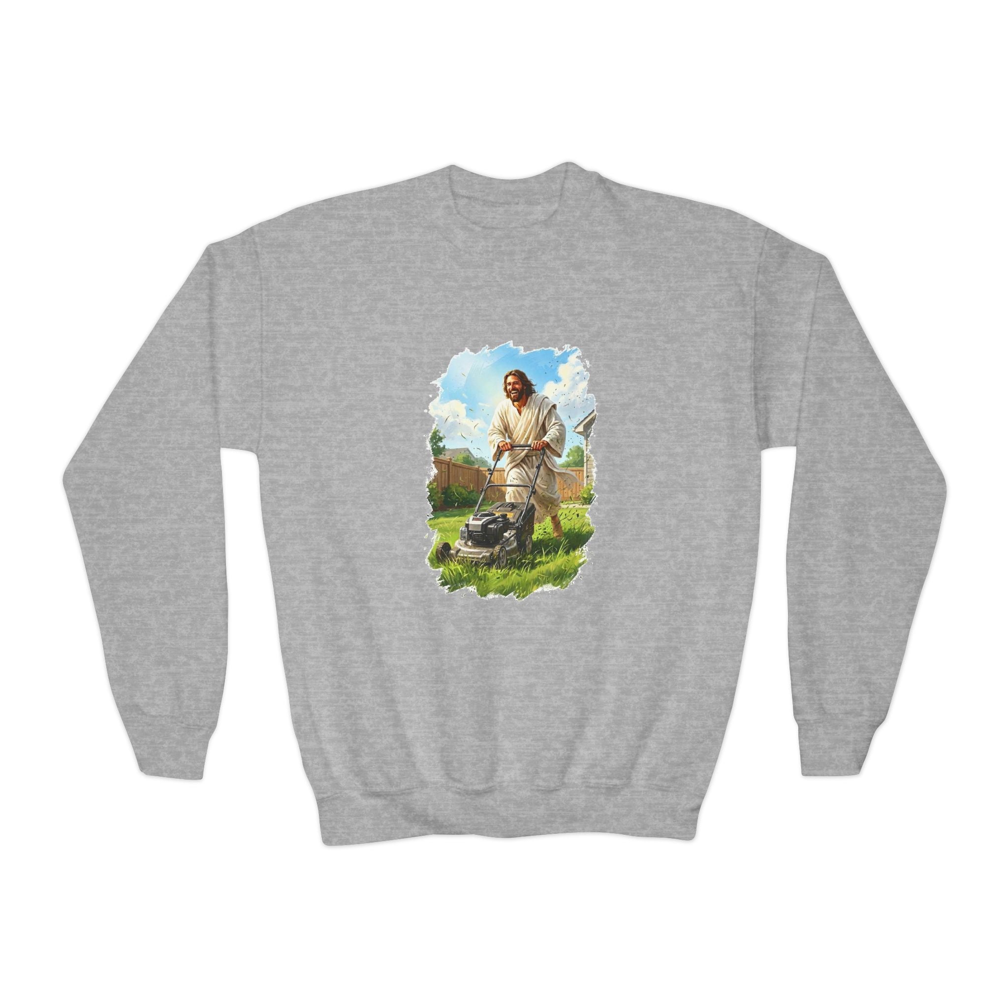 Kids Jesus Sweatshirt | Jesus Mowing the Lawn Funny Kids Crewneck Sweatshirt | Joyful Jesus