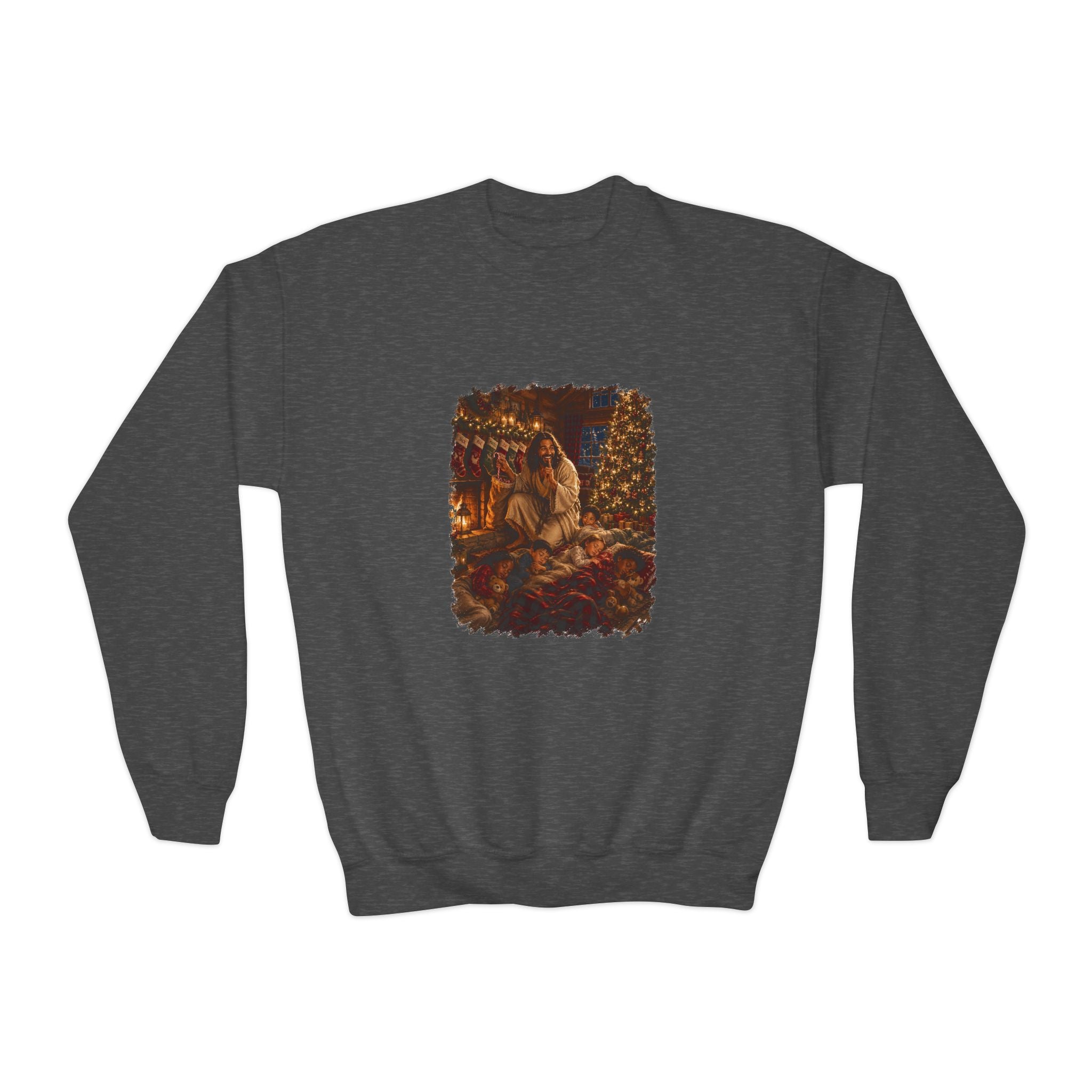 Kids Christmas Eve Jesus Sweatshirt | Jesus by the Fire with Sleeping Children Christian Kids Crewneck Sweatshirt | Joyful Jesus