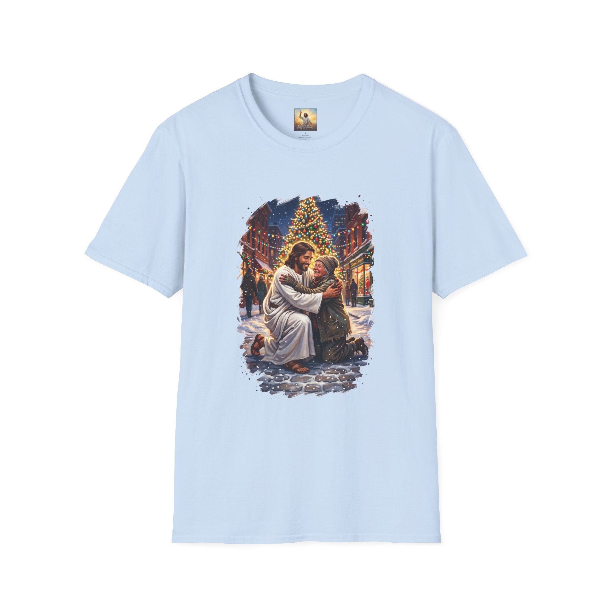 Jesus Hug Shirt | Jesus Embracing a Stranger on Christmas Night Christian Tee | Joyful Jesus