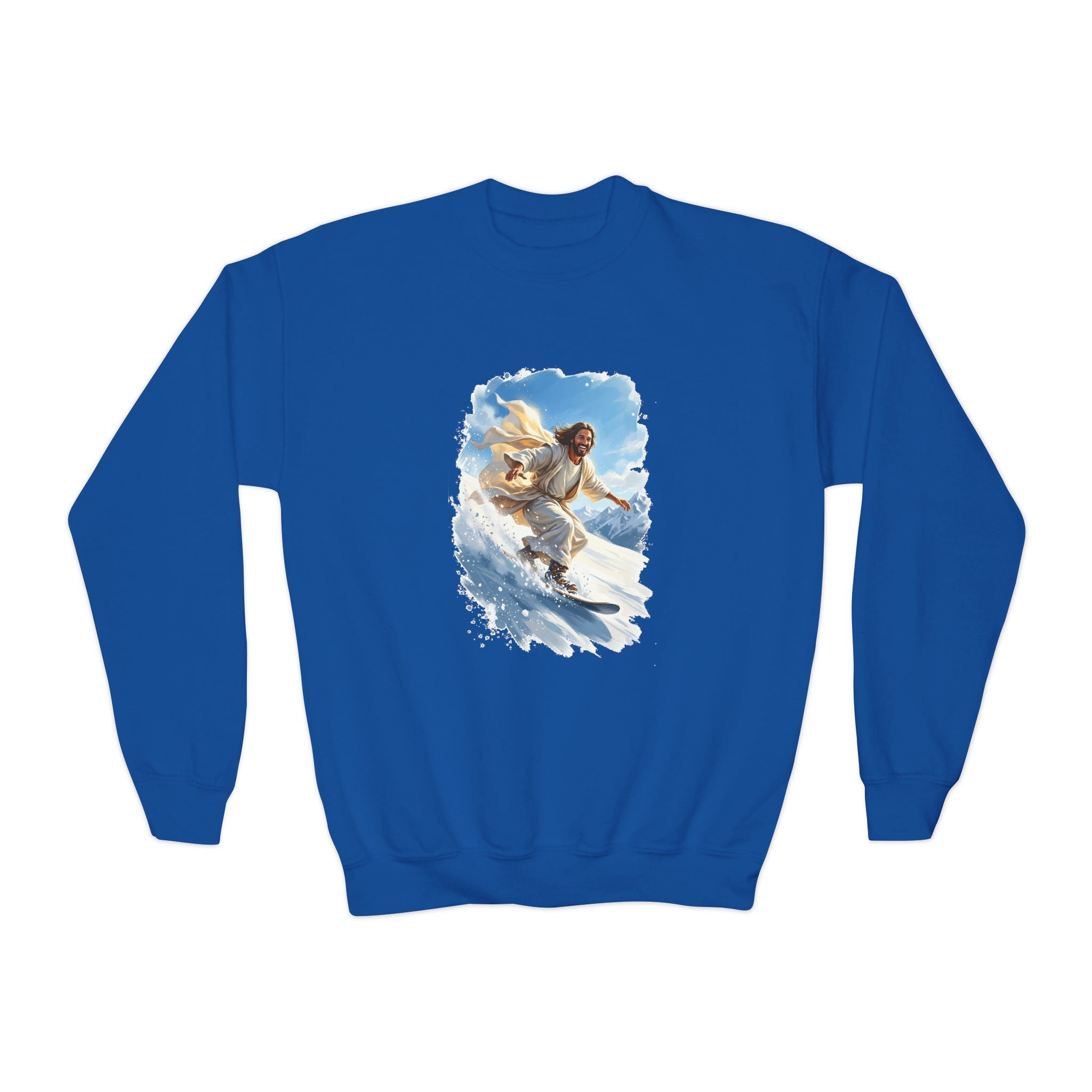 Kids God Sweatshirt | Jesus Snowboarding Christian Kids Crewneck Sweatshirt | Joyful Jesus Faith Apparel