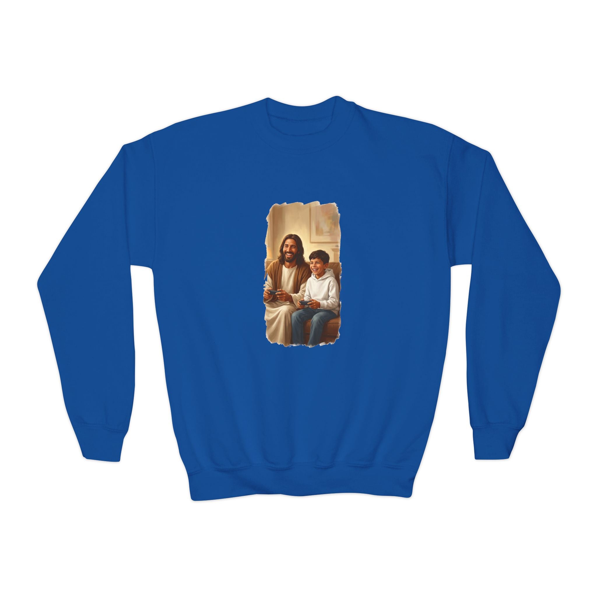 Kids Christian Sweatshirt | Jesus Playing Video Games Funny Jesus Kids Crewneck Sweatshirt | Joyful Jesus