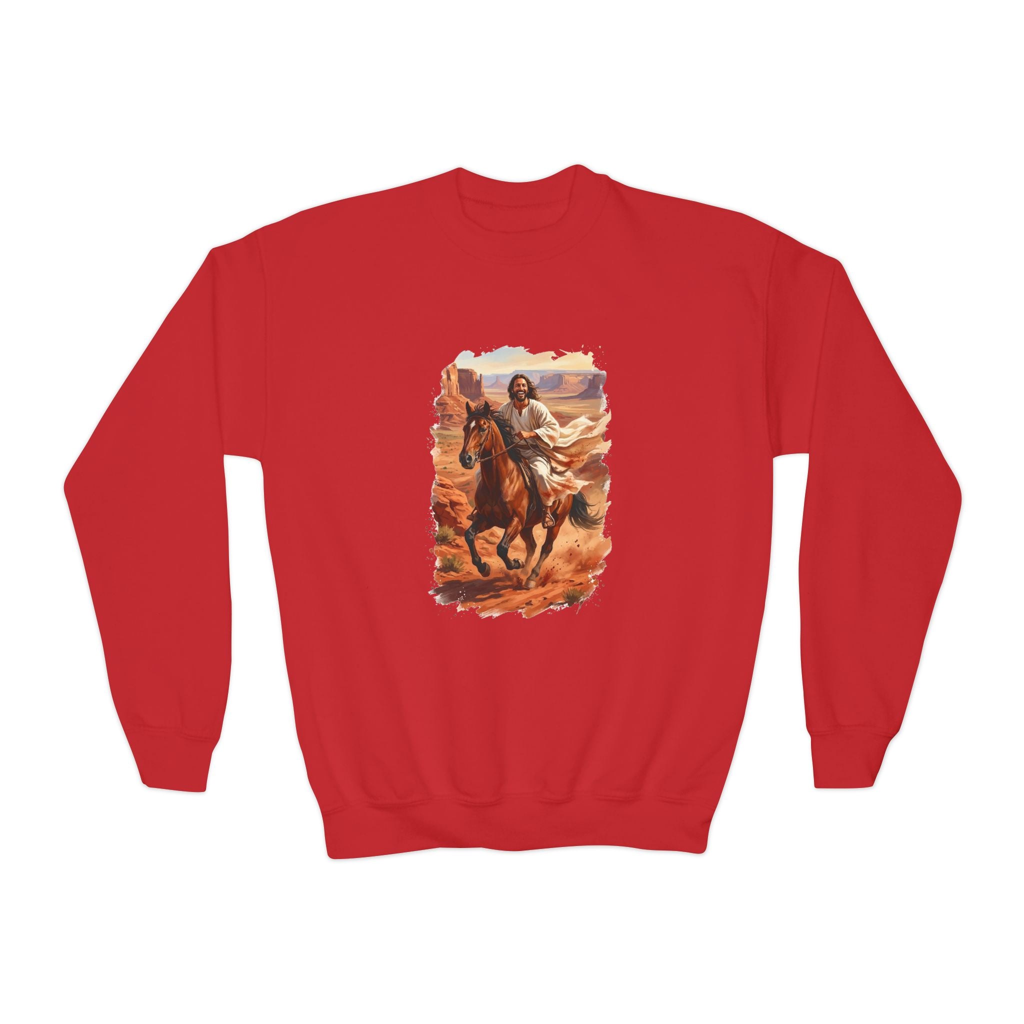 Kids Jesus Sweatshirt | Jesus on Horseback Christian Apparel Kids Crewneck Sweatshirt | Joyful Jesus
