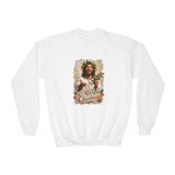 Kids Merry Christmas Jesus Sweatshirt | Laughing Jesus with Holly Christian Christmas Kids Crewneck Sweatshirt | Joyful Jesus