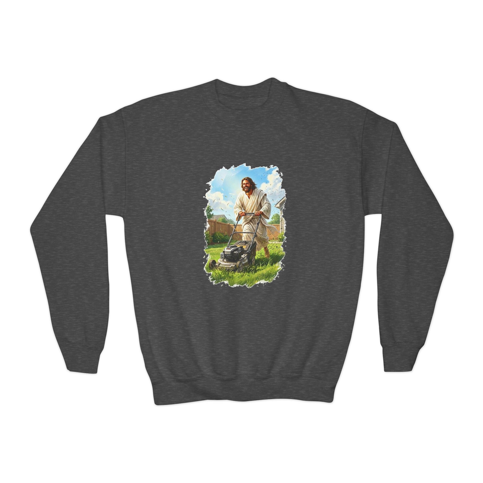 Kids Jesus Sweatshirt | Jesus Mowing the Lawn Funny Kids Crewneck Sweatshirt | Joyful Jesus